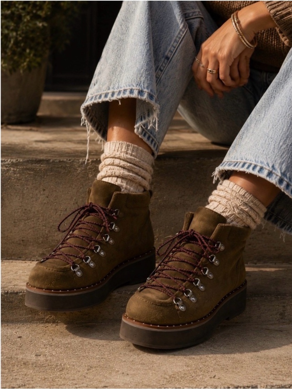 Free People The Durango Hiking Platform Boots Olive Suede